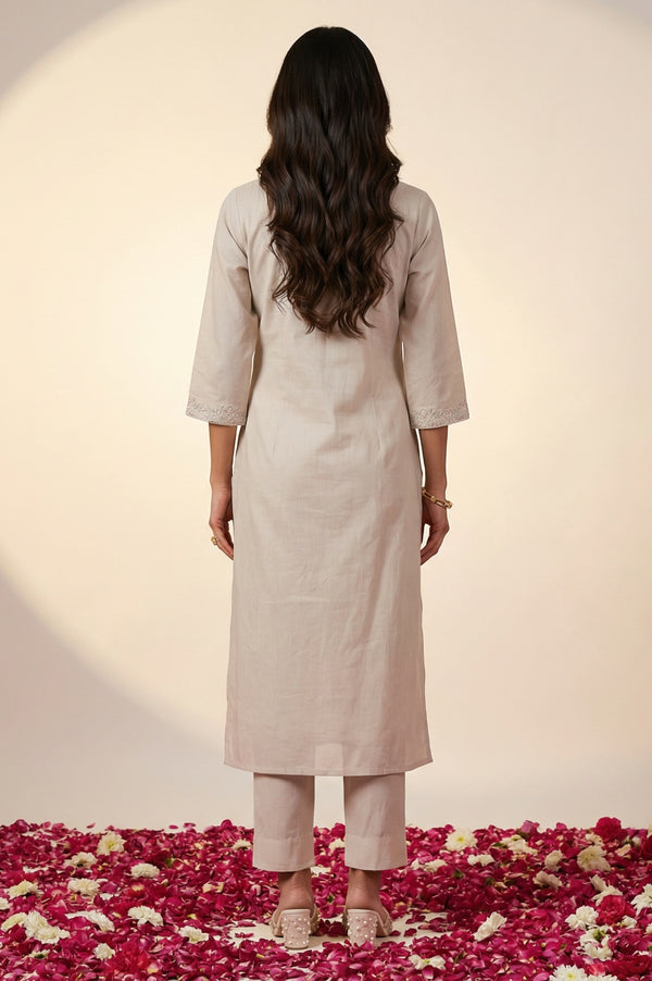 Beige Embroidered Yarn Dyed Straight Kurta