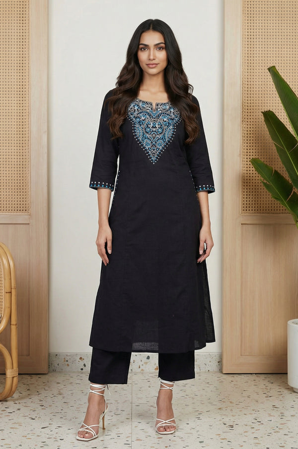 Black Thread Embroidered Pure Cotton A-line Kurta