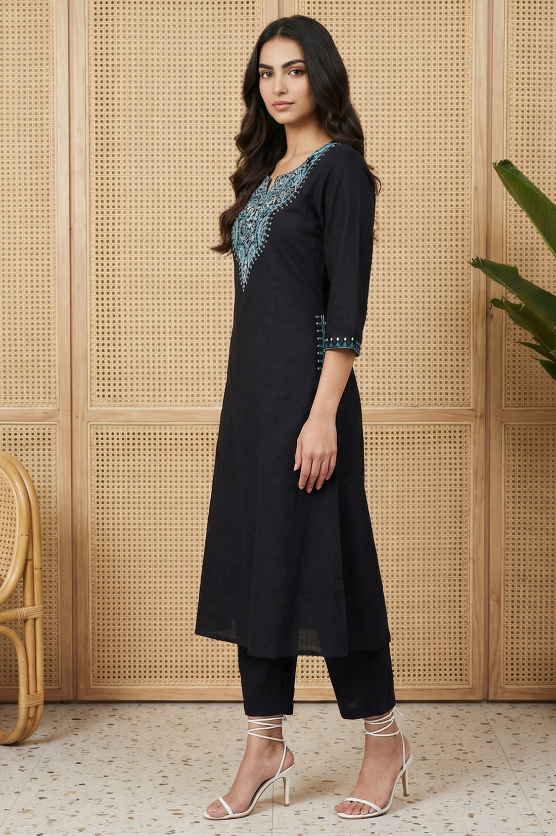 Black Thread Embroidered Pure Cotton A-line Kurta
