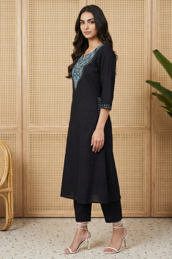 Black Thread Embroidered Pure Cotton A-line Kurta
