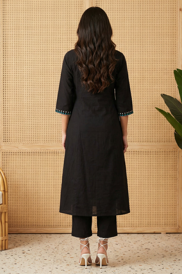 Black Thread Embroidered Pure Cotton A-line Kurta
