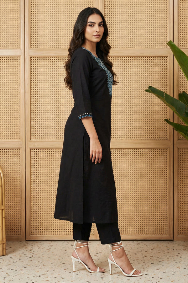 Black Thread Embroidered Pure Cotton A-line Kurta