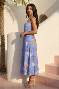Blue Strappy Floral Printed Rayon A-Line Dress