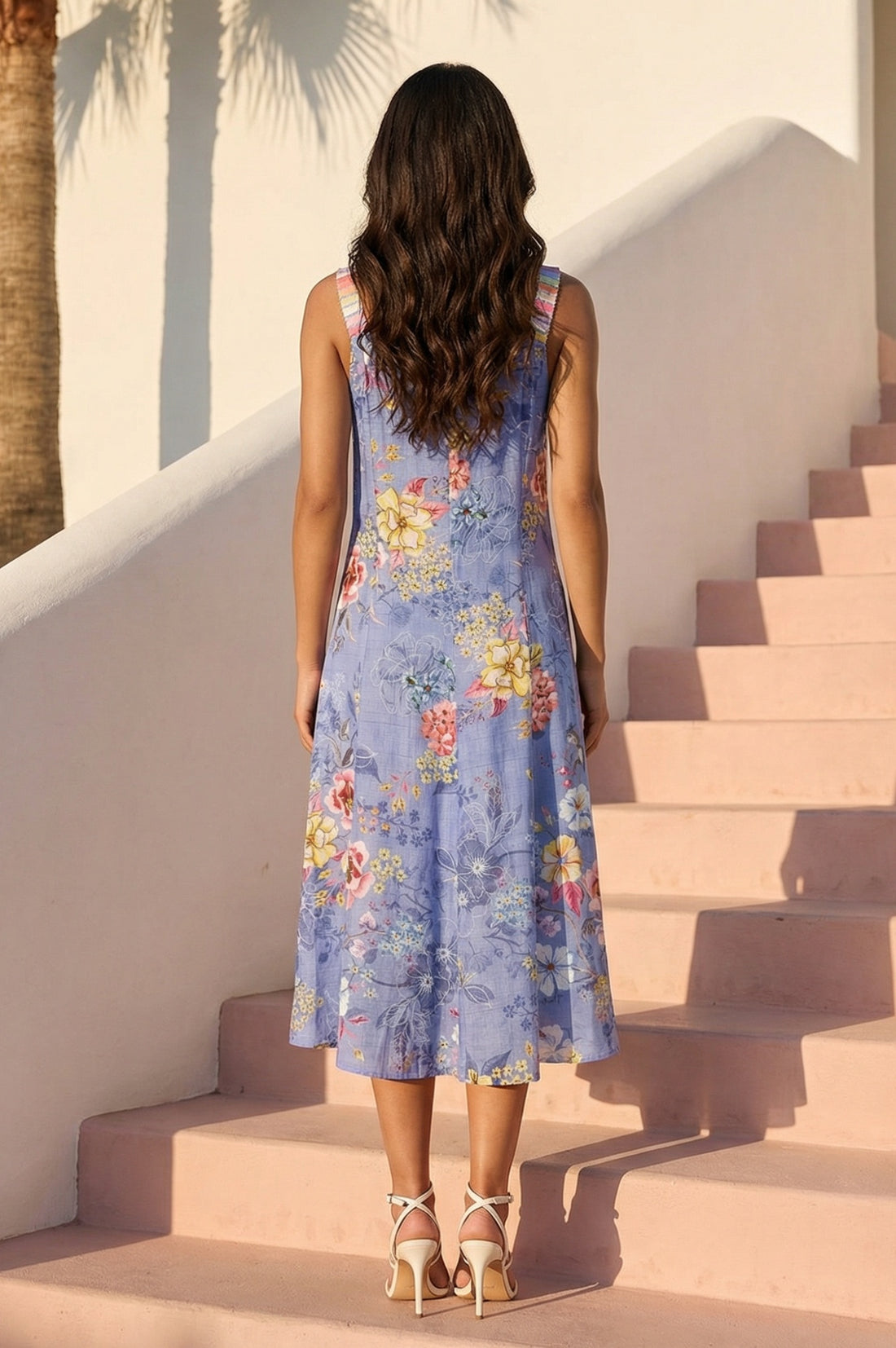 Blue Strappy Floral Printed Rayon A-Line Dress