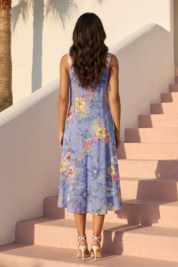 Blue Strappy Floral Printed Rayon A-Line Dress