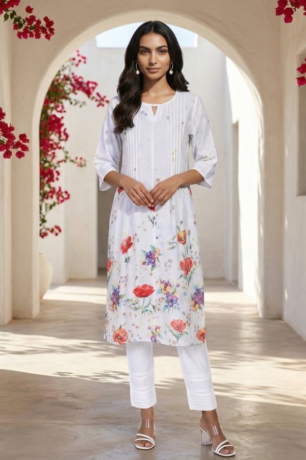 Ink Blue Floral Printed Rayon Blend Straight Kurta