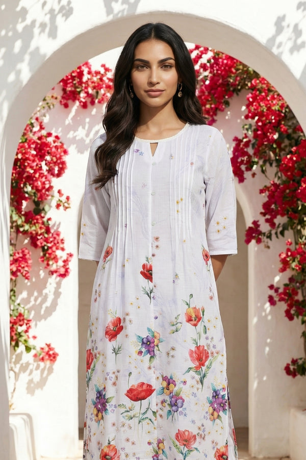 Ink Blue Floral Printed Rayon Blend Straight Kurta