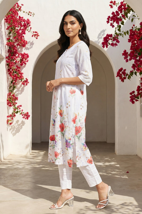 Ink Blue Floral Printed Rayon Blend Straight Kurta
