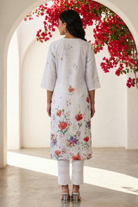 Ink Blue Floral Printed Rayon Blend Straight Kurta