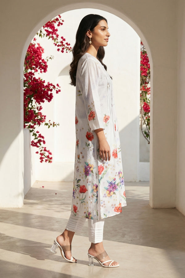 Ink Blue Floral Printed Rayon Blend Straight Kurta