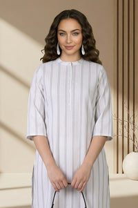 Off White Striped Textured Cotton Blend Straight Kurta