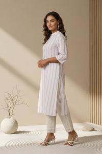 Off White Striped Textured Cotton Blend Straight Kurta