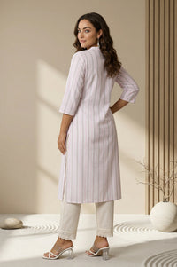 Off White Striped Textured Cotton Blend Straight Kurta