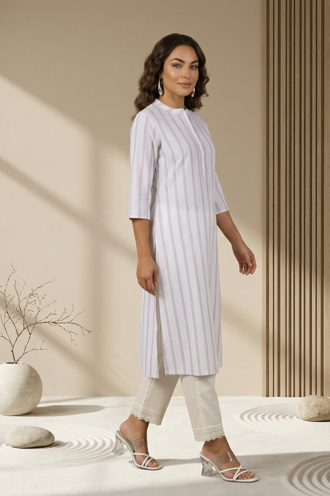 Off White Striped Textured Cotton Blend Straight Kurta