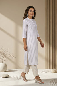 Off White Striped Textured Cotton Blend Straight Kurta