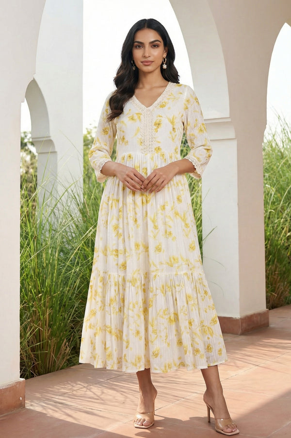 Yellow Floral Printed Lace Pure Cotton Flared Dress
