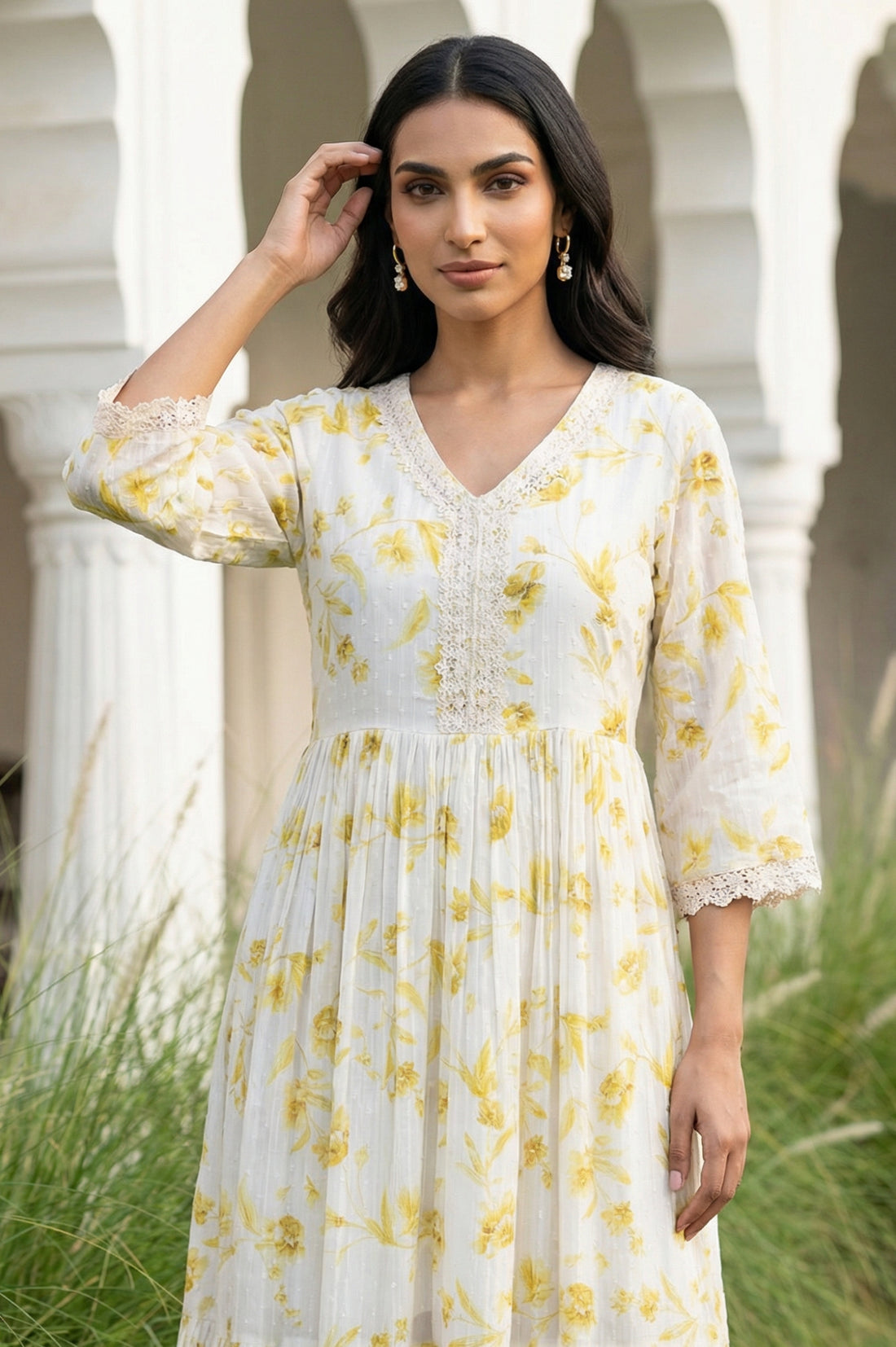 Buy Yellow Floral Printed Lace Pure Cotton Flared Dress Online for