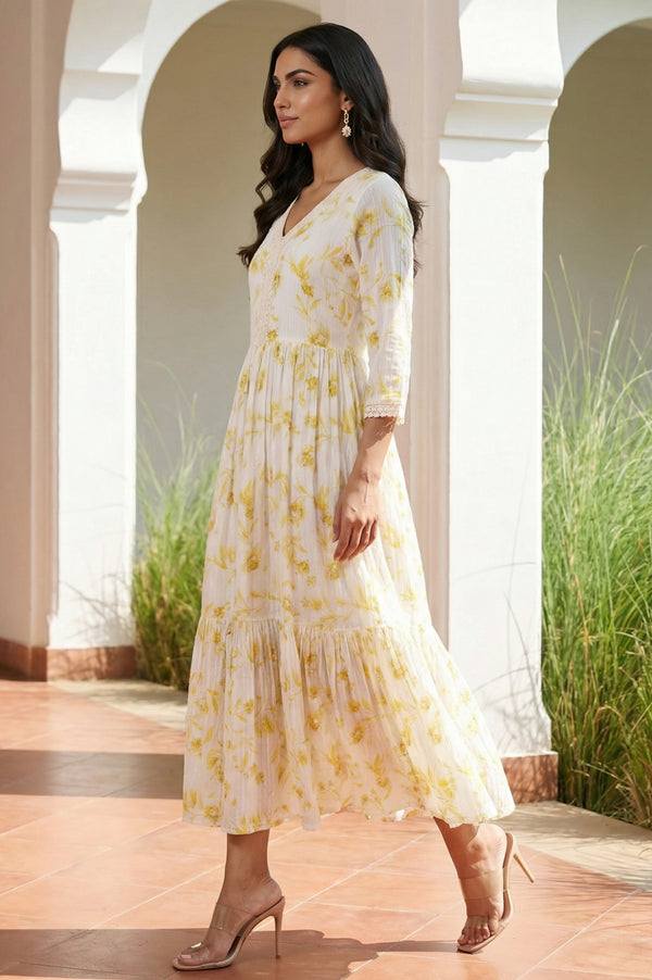 Yellow Floral Printed Lace Pure Cotton Flared Dress