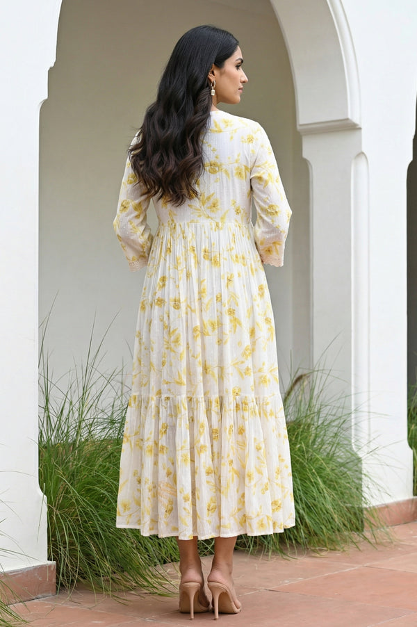 Yellow Floral Printed Lace Pure Cotton Flared Dress