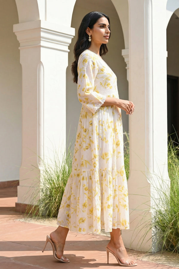 Yellow Floral Printed Lace Pure Cotton Flared Dress