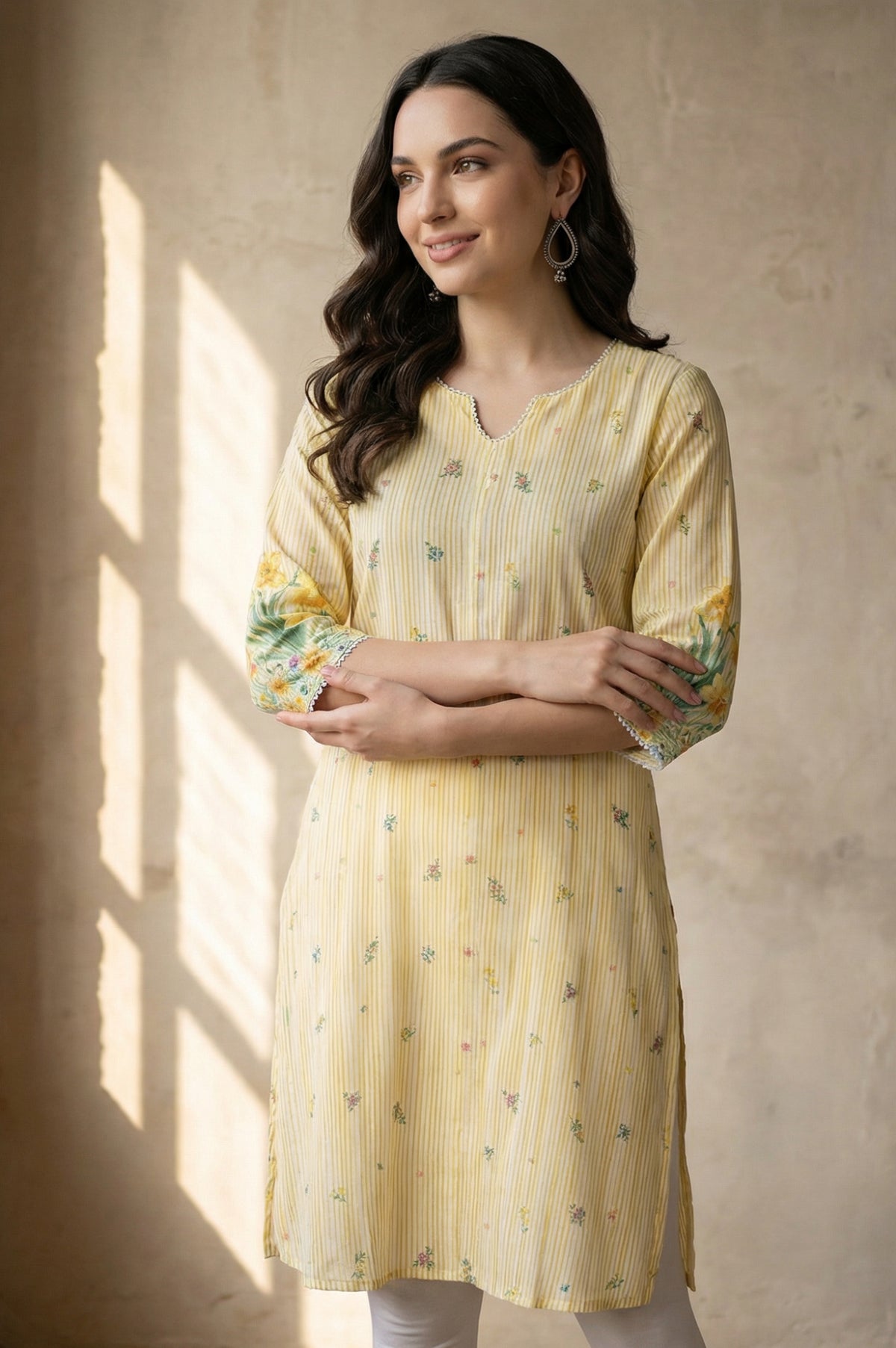 Yellow Floral Printed Pure Cotton Straight Kurta - XS