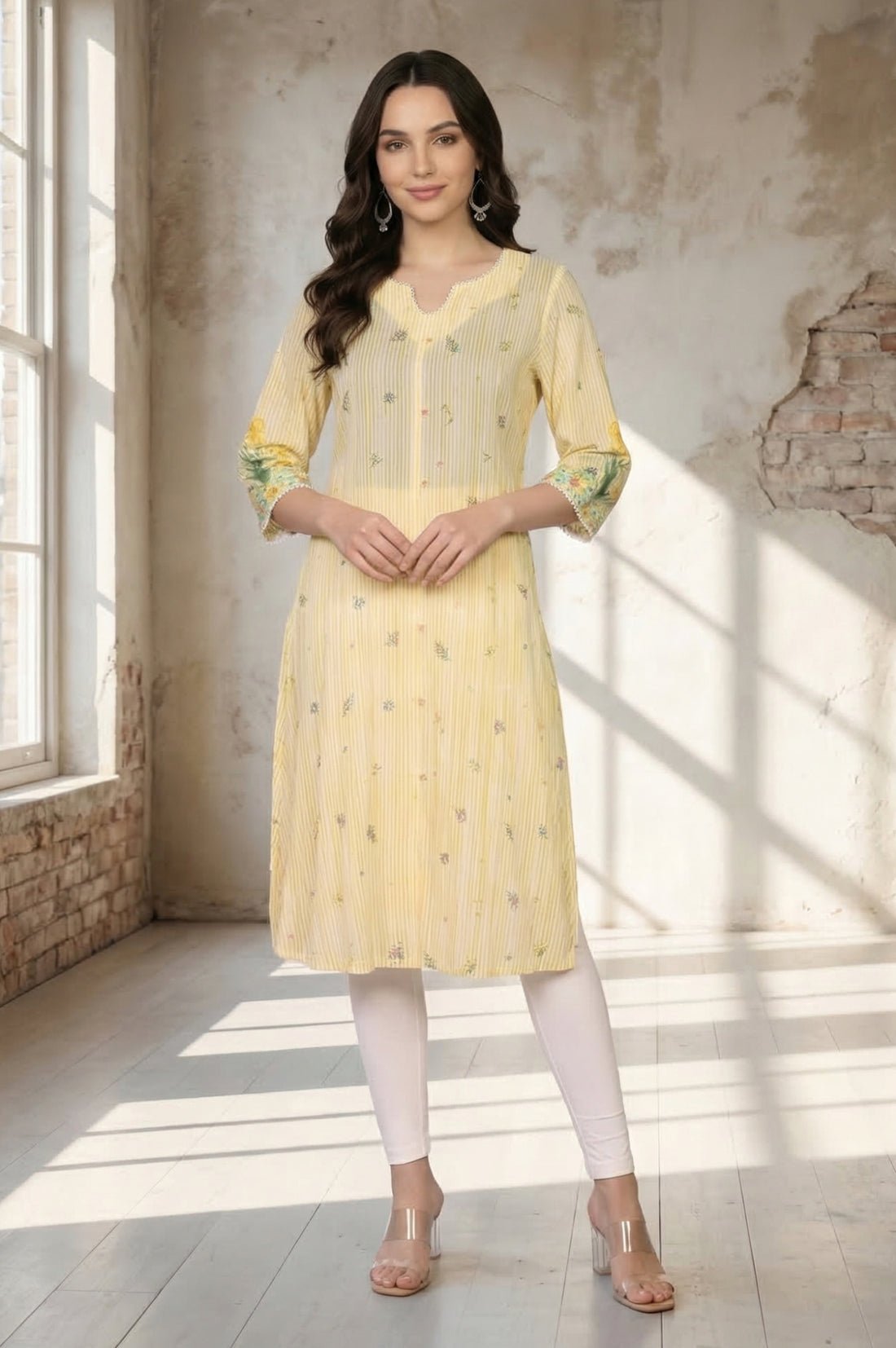Yellow Floral Printed Pure Cotton Straight Kurta