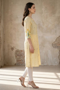 Yellow Floral Printed Pure Cotton Straight Kurta