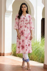 Pink Floral Printed Pure Cotton Straight Kurta
