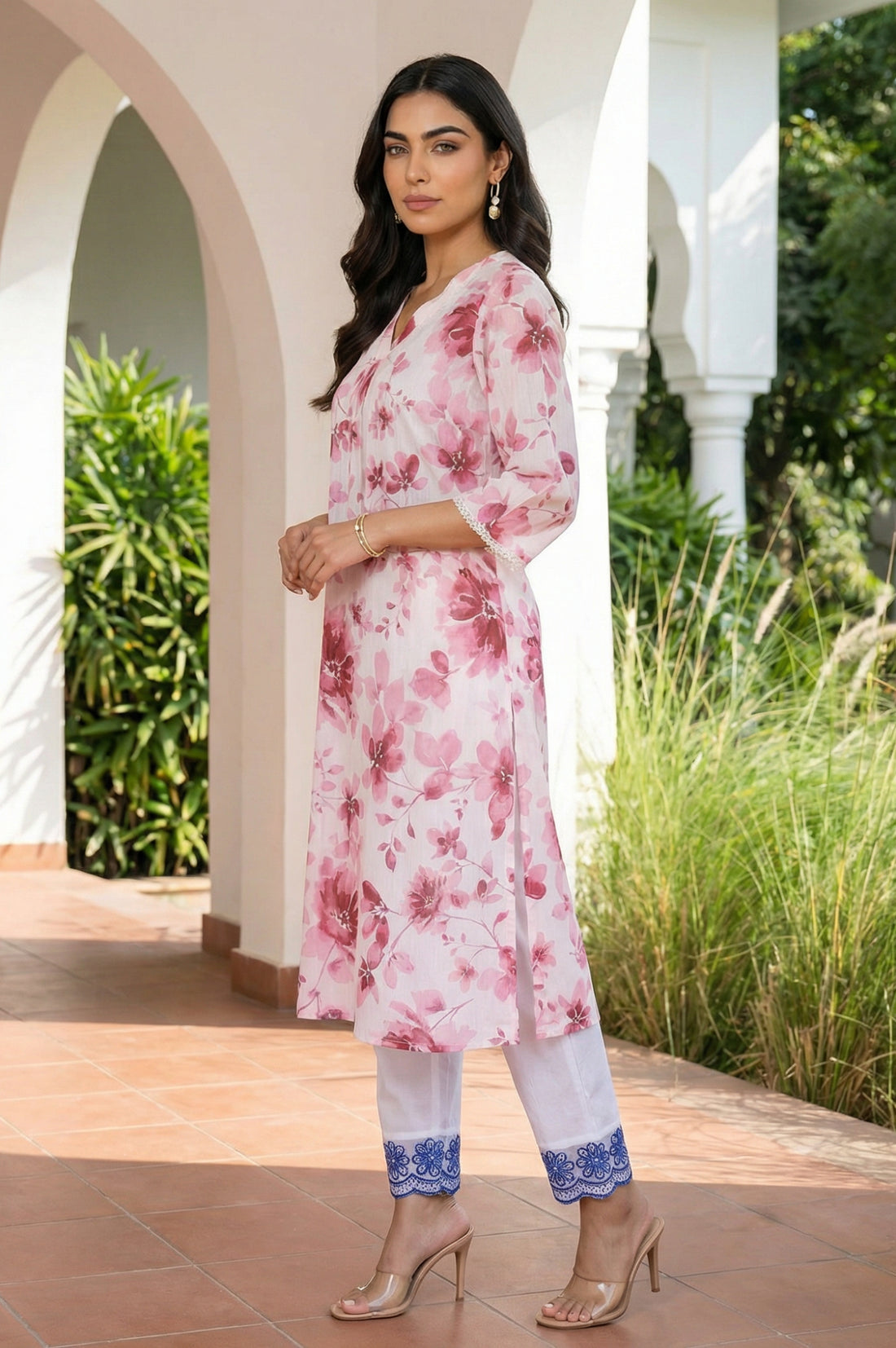 Pink Floral Printed Pure Cotton Straight Kurta