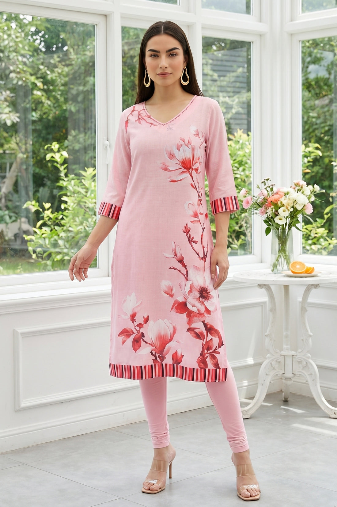 Pink Floral Printed Modal Straight Kurta