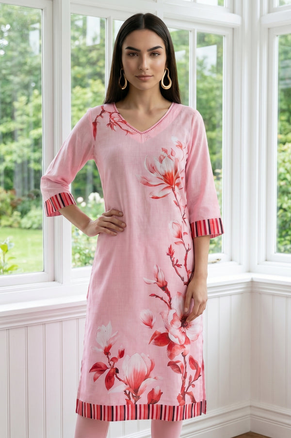Pink Floral Printed Modal Straight Kurta