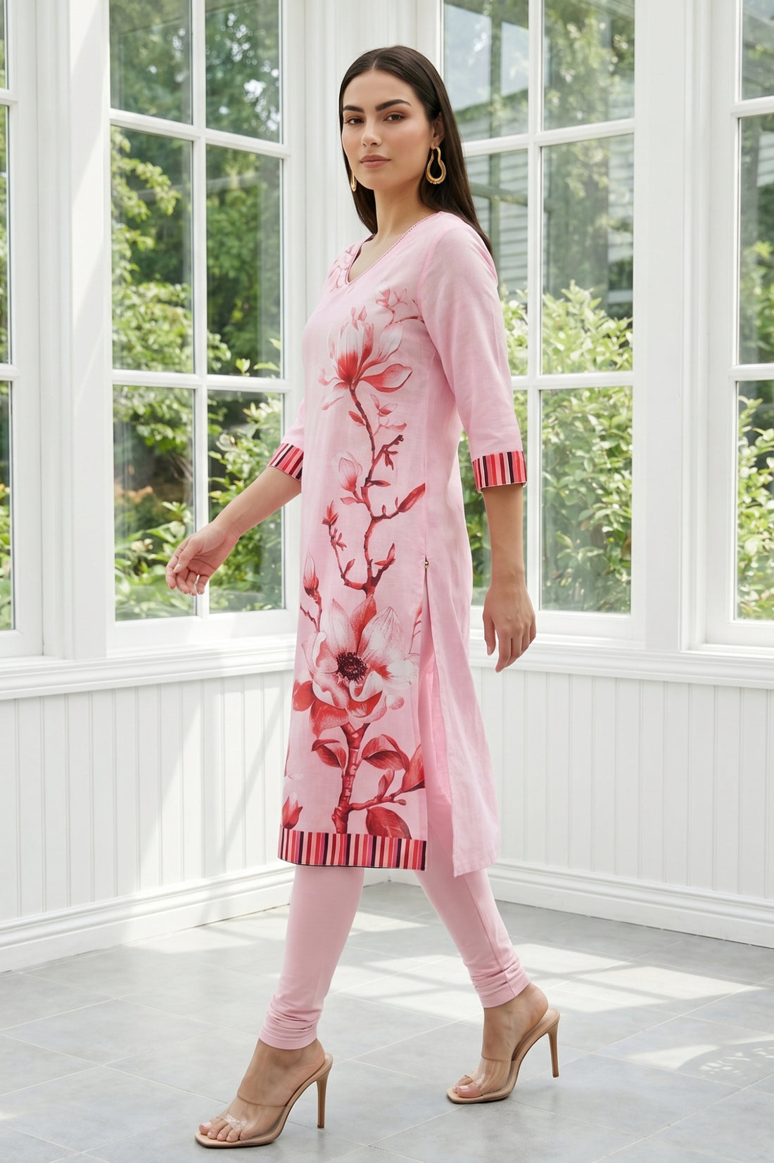 Pink Floral Printed Modal Straight Kurta