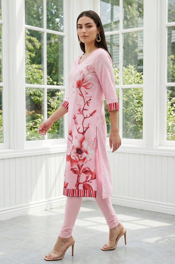 Pink Floral Printed Modal Straight Kurta