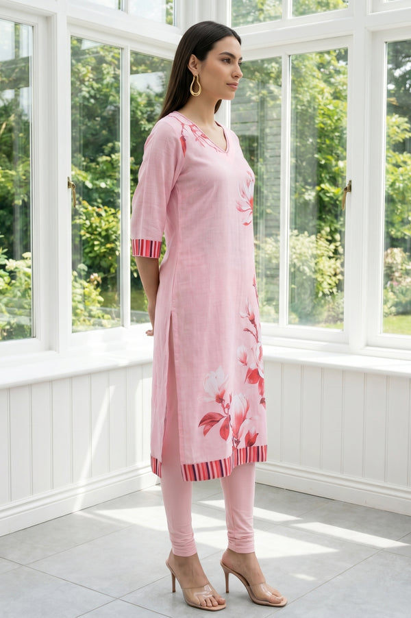 Pink Floral Printed Modal Straight Kurta
