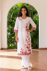 White Floral Printed Thread Work Pure Cotton Straight Kurta