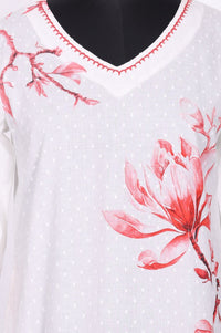 White Floral Printed Thread Work Pure Cotton Straight Kurta