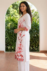 White Floral Printed Thread Work Pure Cotton Straight Kurta