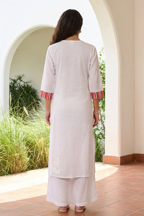 White Floral Printed Thread Work Pure Cotton Straight Kurta