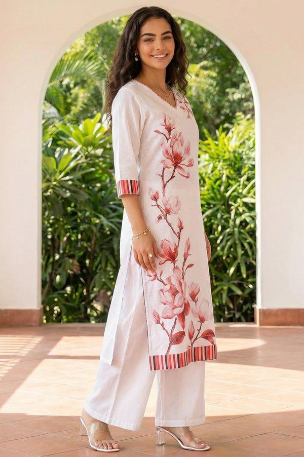 White Floral Printed Thread Work Pure Cotton Straight Kurta