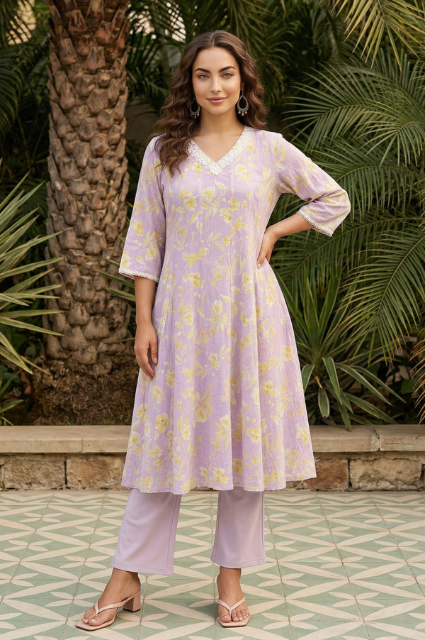 Lavender Floral Printed Pure Cotton Anarkali Kurta