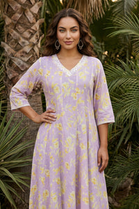 Lavender Floral Printed Pure Cotton Anarkali Kurta