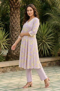 Lavender Floral Printed Pure Cotton Anarkali Kurta