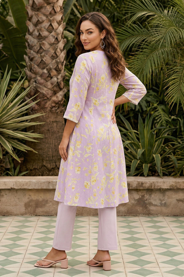 Lavender Floral Printed Pure Cotton Anarkali Kurta