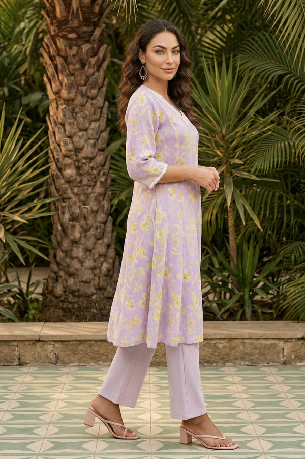 Lavender Floral Printed Pure Cotton Anarkali Kurta