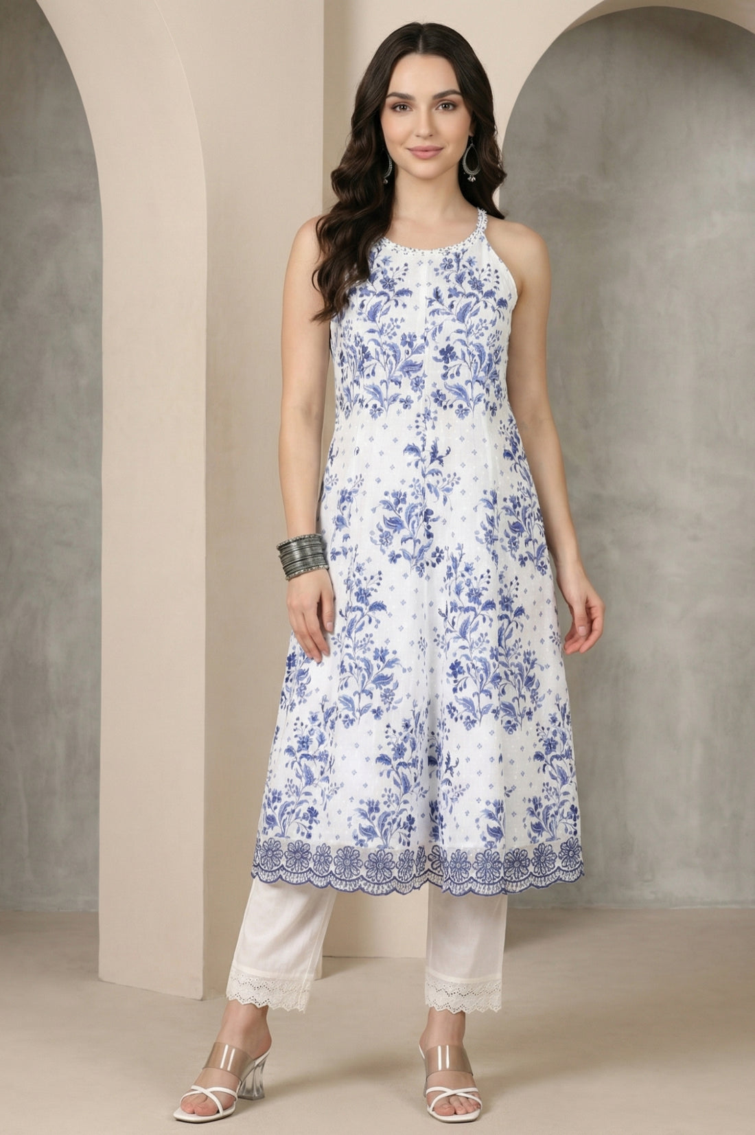 White Floral Printed Schiffli Pure Cotton Sleeveless Flared Kurta