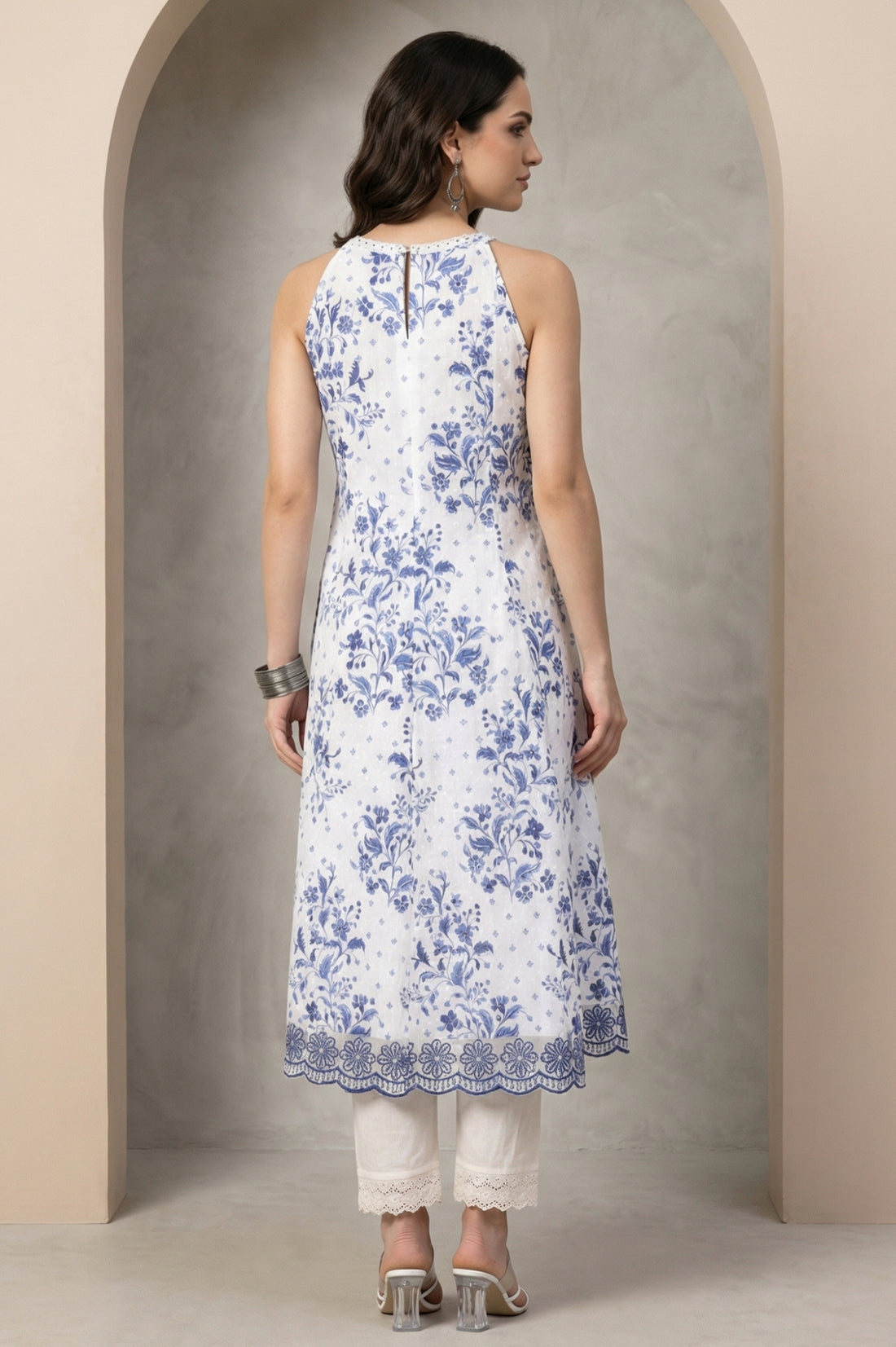 White Floral Printed Schiffli Pure Cotton Sleeveless Flared Kurta