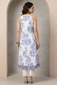 White Floral Printed Schiffli Pure Cotton Sleeveless Flared Kurta