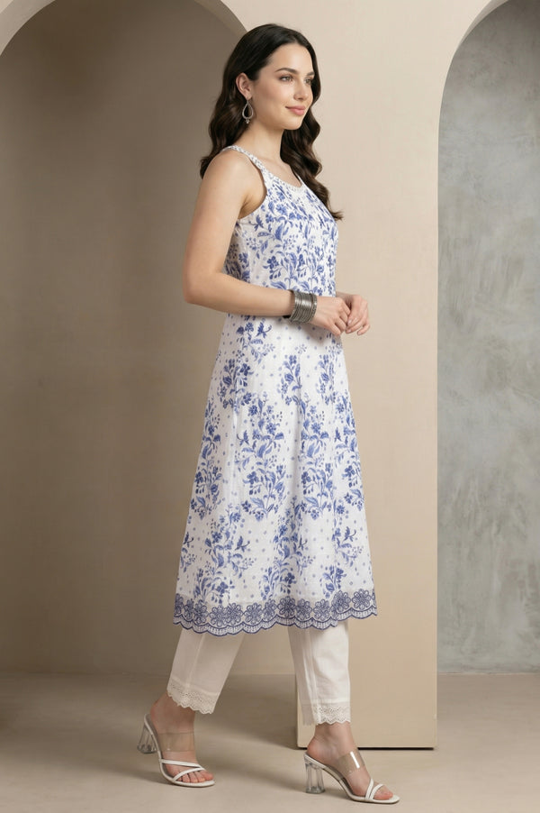 White Floral Printed Schiffli Pure Cotton Sleeveless Flared Kurta