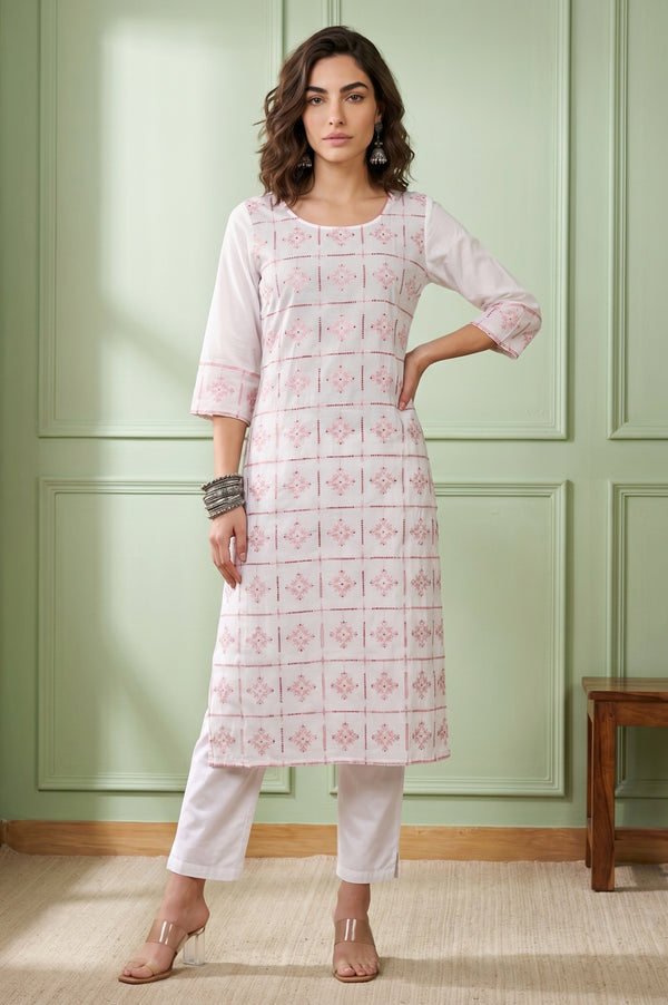 White Schiffli Embroidered Pure Cotton Straight Kurta