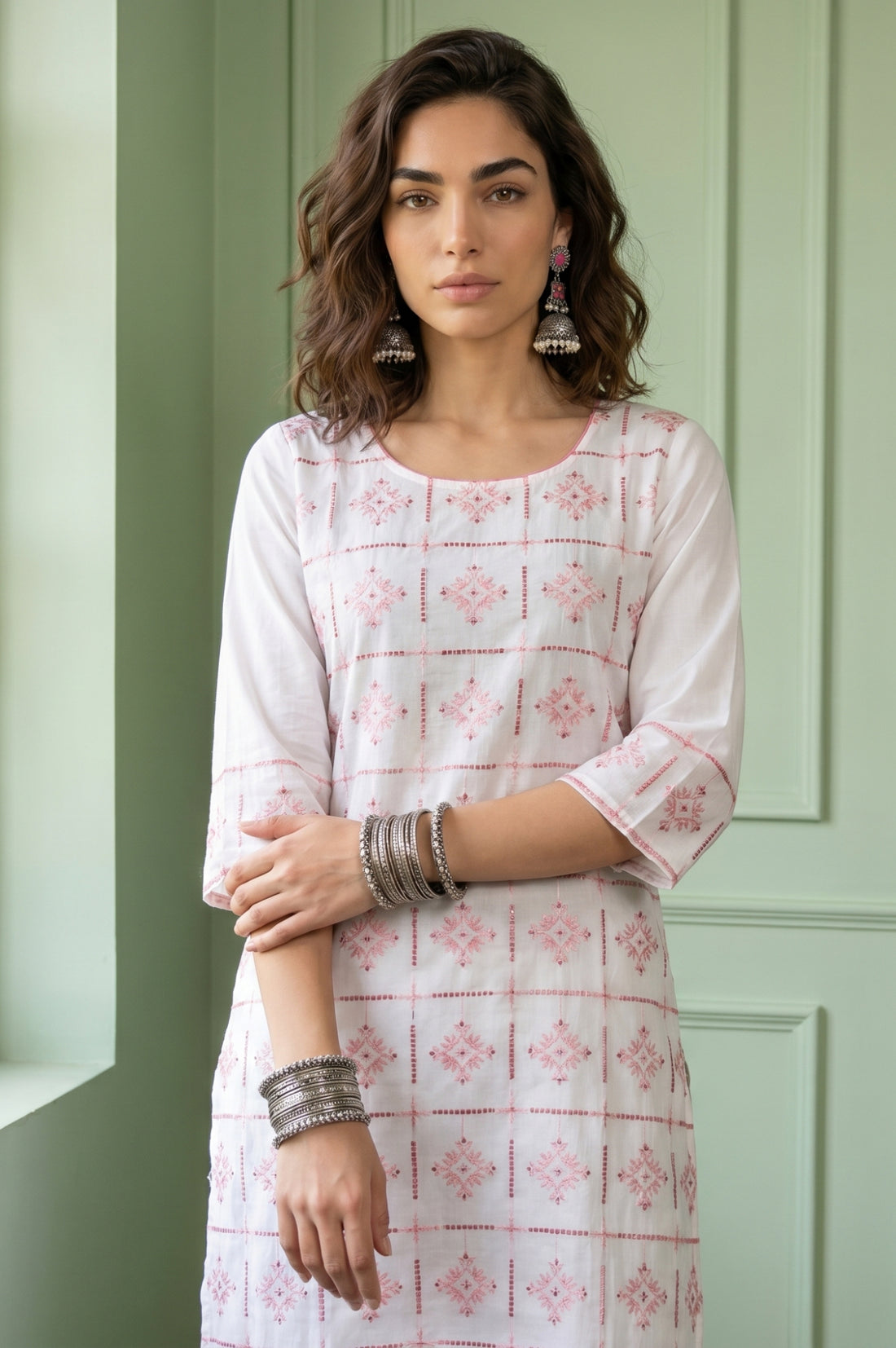 White Schiffli Embroidered Pure Cotton Straight Kurta